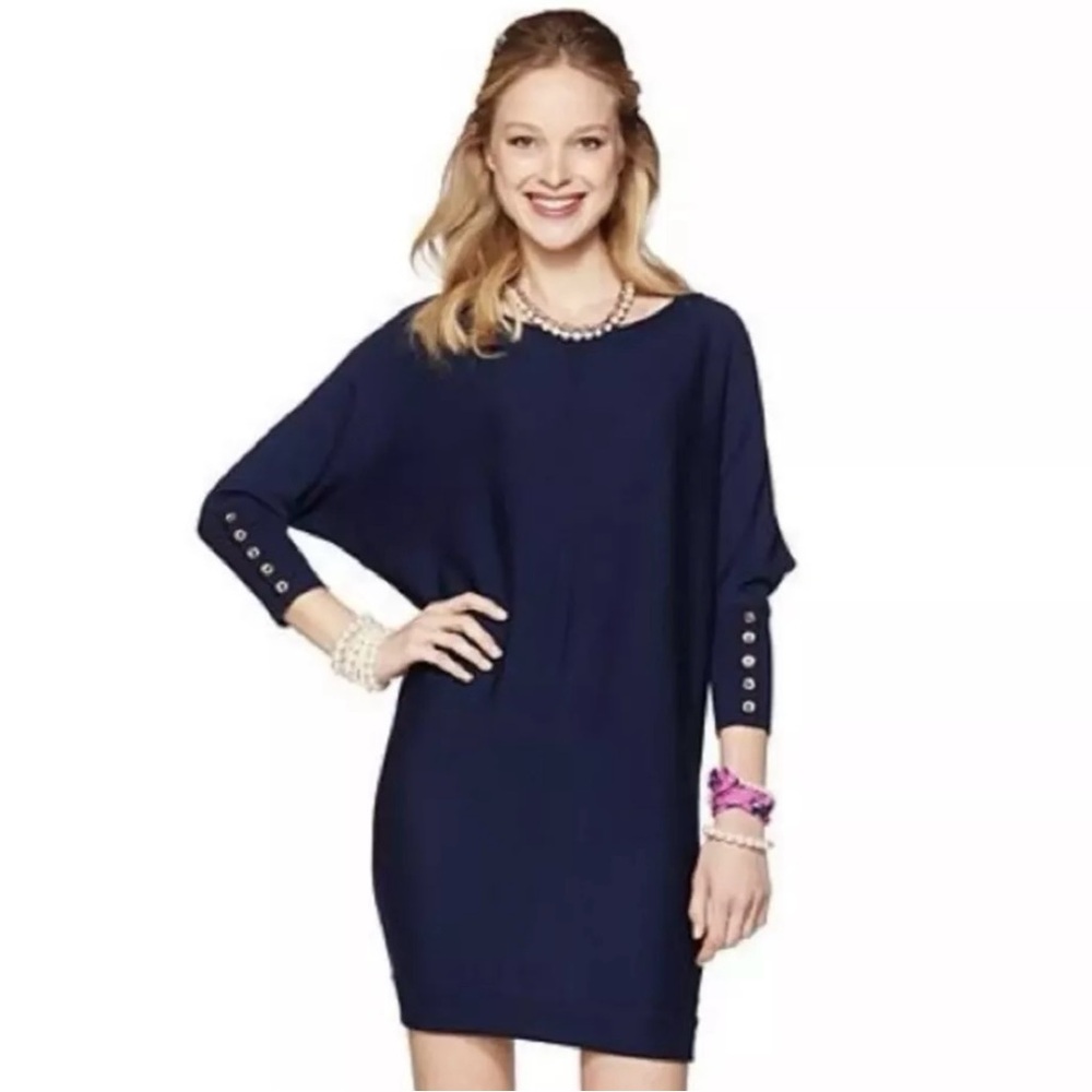 Lilly Pulitzer Sweater Dress XS Navy Blue Merino Wool Bloomfield Dolman Knit